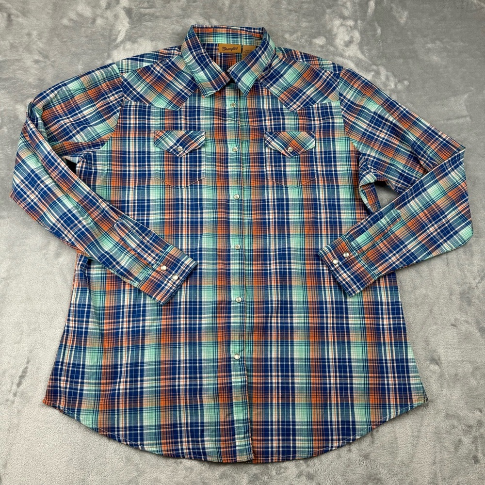Wrangler Western Top Shirt Womens XL Blue Plaid Western Pearl Snap Long Sleeve